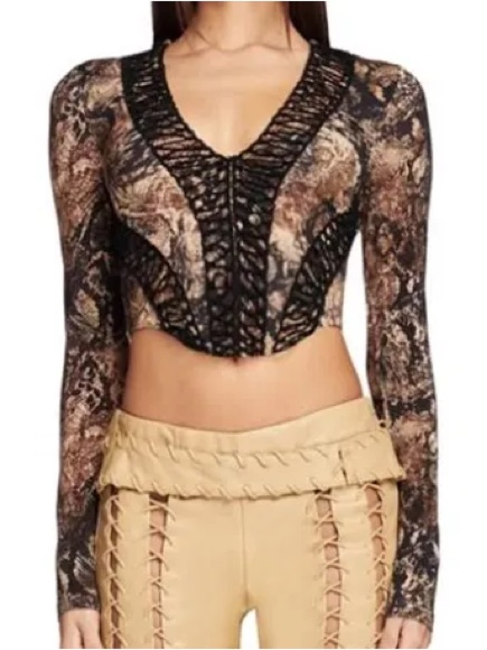 I.AM.GIA Brown and Black Snake Print Lace-Up Long Sleeve Top